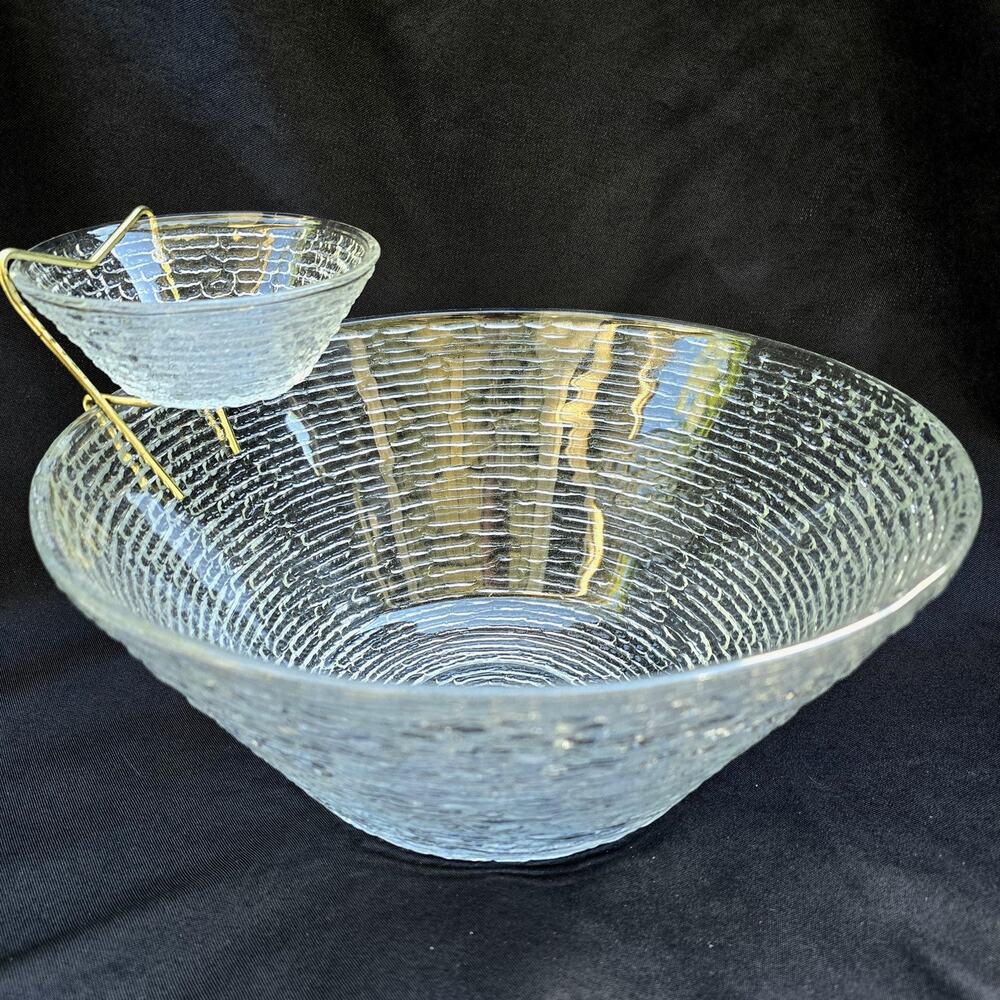 Vintage Anchor Hocking Soreno Chip & Dip Set w Holder Box Textured Glass MCM